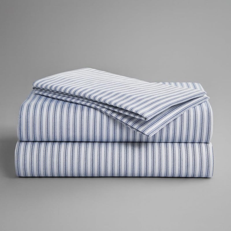 Peru Pima 415 Thread Count Percal Twin Sheet Set - 100% Peruvian Pima Cotton, 3 Piece (Flat, Fitted, 1 Pillowcase) - Cooling, Crisp, Deep Pocket, Hotel Quality Bedding - Nautical Stripe Blue - Image 1